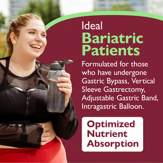 Woman holding a water bottle with promotional text about bariatric patients and optimized nutrient absorption.