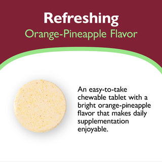Orange pineapple-flavored chewable tablet with descriptive text on a white background