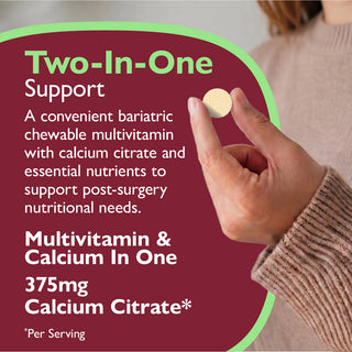 Multivitamin and calcium supplement with text on a red background