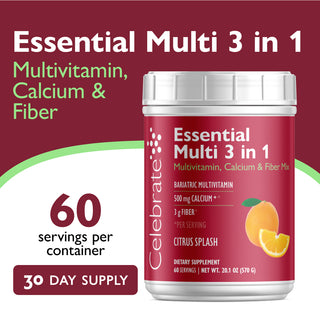 Multivitamin supplement container with branding and product details on a red and white background