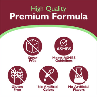 High quality premium formula icons and text indicating high quality, premium formula Icons - sugar free, meets asmbs guidelines, gluten free, no artificial colors or flavors