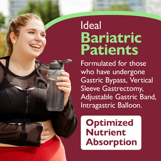 Woman holding a water bottle with promotional text about bariatric patients and optimized nutrient absorption.