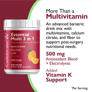 Bariatric drink mix container with text highlighting its nutritional benefits on a red and white background