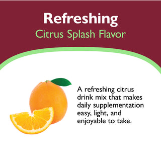 Advertisement for a refreshing citrus drink mix with an orange and text on a white background.
