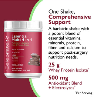 Bariatric shake container with nutritional information on a red and white background