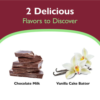 Product packaging with chocolate pieces and vanilla flower, labeled 'Chocolate Milk' and 'Vanilla Cake Batter'.
