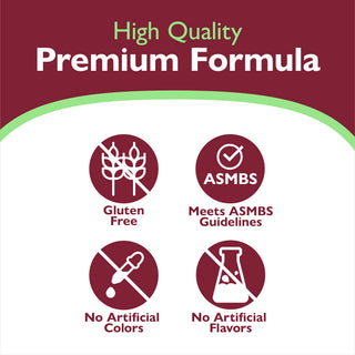 High quality premium formula icons and text indicating high quality, premium formula Icons - meets asmbs guidelines, gluten free, no artificial colors or flavors