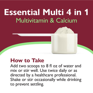 Multivitamin and calcium powder with usage instructions on a red and white background