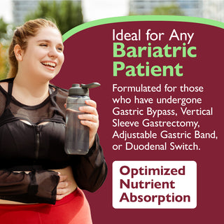 Woman holding a water bottle with promotional text for bariatric patients on a red background