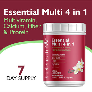 Celebrate Essential Multi 4 in 1 dietary supplement tub on a maroon and white background with text highlighting multivitamin, calcium, fiber, protein, and a 7-day supply.