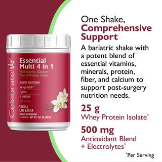 Bariatric shake container with nutritional information on a red and white background