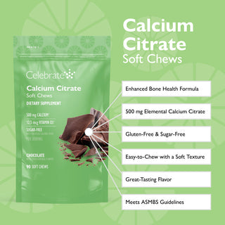 Features and benefits of Celebrate Calcium Citrate Soft Chews, chocolate