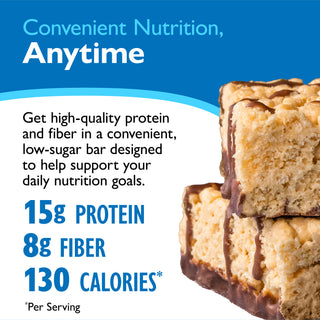 Promotional graphic for protein bars with the text 'Convenient Nutrition, Anytime' on a blue background, product benefits in the center, and two stacked chocolate-drizzled protein bars on the right.
