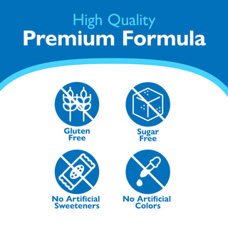 High Quality Premium Formula label with icons for gluten free, sugar free, no artificial sweeteners, and no artificial colors on a blue and white background.