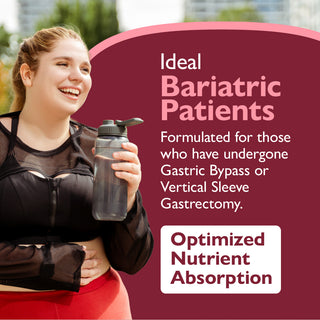 Woman holding a water bottle with promotional text about bariatric patients and optimized nutrient absorption.