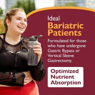 Woman holding a water bottle with promotional text about bariatric patients and optimized nutrient absorption.