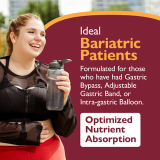 Woman holding a water bottle with promotional text about bariatric patients and optimized nutrient absorption.