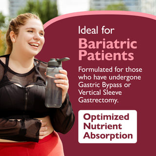 Woman holding a water bottle with text about bariatric patients and optimized nutrient absorption.