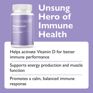 Supplement bottle labeled 'Celebrate' on a purple background with text about immune health benefits.