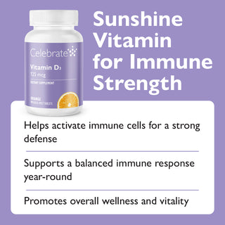 Vitamin D supplement bottle with text on a purple background
