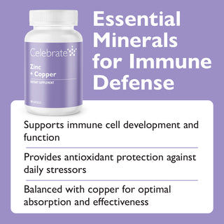 Supplement bottle labeled 'Celebrate' with text about essential minerals for immune defense on a purple background
