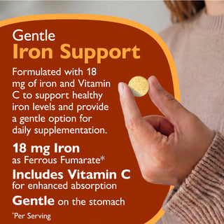 Promotional graphic for Gentle Iron Support dietary supplement, showing a hand holding a round yellow tablet between fingers against a soft-focus background of a person in a beige sweater. The graphic features a dark brown rounded rectangle with orange border and white text detailing the supplement's ingredients and benefits.