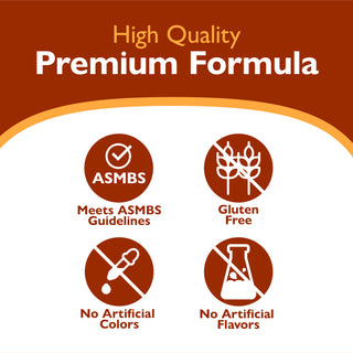 High quality premium formula icons and text indicating high quality, premium formula Icons -  meets asmbs guidelines, gluten free, no artificial colors