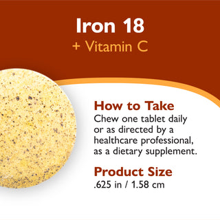 An informational product graphic for Iron 18 + Vitamin C dietary supplement. It features a close-up photo of a round yellowish-beige textured tablet on the left, with text on a white and dark brown background detailing how to take the tablet and its size of .