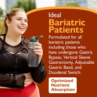 A promotional graphic for a bariatric supplement or drink. On the left, a smiling woman in athletic wear holds a dark gray water bottle.