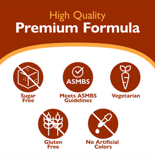 High quality premium formula icons and text indicating high quality, premium formula Icons - sugar free, meets asmbs guidelines, gluten free, no artificial colors ,Vegetarian
