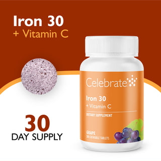 Celebrate Iron 30 + Vitamin C dietary supplement bottle in grape flavor, shown on a white and dark brown background with text reading 'Iron 30 + Vitamin C' and '30 DAY SUPPLY'.
