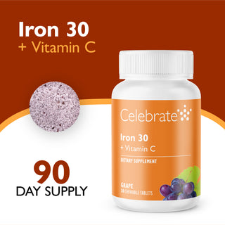 Celebrate Iron 30 + Vitamin C dietary supplement bottle in grape flavor, shown on a white and dark brown background with a grape-shaped tablet and text indicating 90 day supply.
