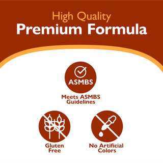 High quality premium formula icons and text indicating high quality, premium formula Icons -  meets asmbs guidelines, gluten free, no artificial colors