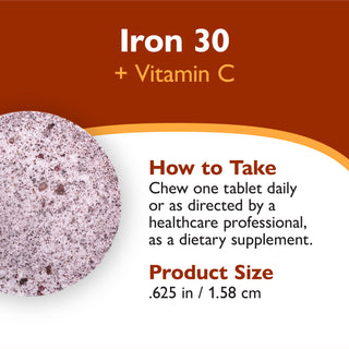 An informational product graphic for Iron 30 + Vitamin C dietary supplement. It features a close-up circular view of a speckled light purple tablet on the left, with text on a white and dark brown background detailing how to take the tablet and its size of .