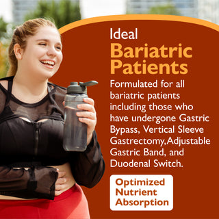 A woman in athletic wear holds a translucent gray water bottle with a black lid. The image is a promotional graphic with a large rust-orange background and text that reads 'Ideal Bariatric Patients' and 'Optimized Nutrient Absorption.