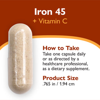 An informational product graphic showing a single beige iron supplement capsule on a white and dark orange background, with text reading 'Iron 45 + Vitamin C,' 'How to Take,' and 'Product Size .765 in / 1.
