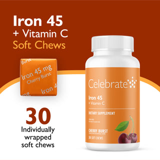 Celebrate Iron 45 + Vitamin C Soft Chews in Cherry Burst flavor, showing a white bottle with an orange label alongside an individually wrapped soft chew, on a brown and white background with text indicating 30 soft chews.