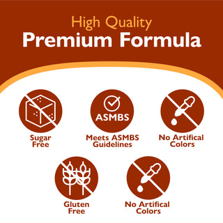 Promotional graphic for a premium formula with the text 'High Quality Premium Formula' on a dark brown background, featuring five circular icons below: Sugar Free, ASMBS, No Artificial Colors, Gluten Free, and No Artificial Colors.