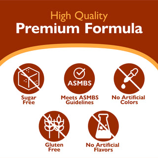 High quality premium formula icons and text indicating high quality, premium formula Icons - sugar free, meets asmbs guidelines, gluten free, no artificial colors or flavors