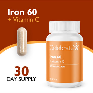 Celebrate Iron 60 + Vitamin C dietary supplement bottle with a white cap and orange label, shown beside a single capsule on a brown and white graphic background with '30 DAY SUPPLY' text.