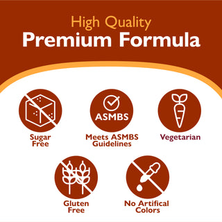 Promotional graphic for a premium formula with the text 'High Quality Premium Formula' on a dark brown background, featuring five circular icons with labels: Sugar Free, ASMBS, Vegetarian, Gluten Free, and No Artificial Colors.