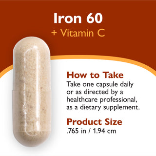 An informational product graphic showing a single beige iron supplement capsule on a white and dark brown background with text reading 'Iron 30 + Vitamin C,' 'How to Take,' and 'Product Size .854 in / 2.