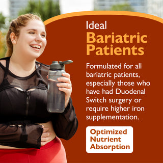 A promotional graphic for a bariatric supplement, featuring a smiling woman in athletic wear holding a water bottle on the left, with large orange and white text on the right reading 'Ideal Bariatric Patients' and supporting copy about optimized nutrient absorption.