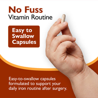 A hand holding a beige capsule against a white and dark orange graphic background with text reading 'No Fuss Vitamin Routine' and 'Easy to Swallow Capsules.'.