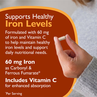 Promotional graphic for an iron supplement capsule. A hand holds a small beige capsule, with a large orange-brown text panel on the left reading 'Supports Healthy Iron Levels' and product details including '60 mg Iron' and 'Includes Vitamin C'.