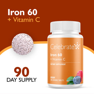 Celebrate Iron 60 + Vitamin C dietary supplement bottle on a white background with a brown graphic backdrop. The bottle is white with an orange label showing berry illustrations.