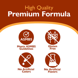 High quality premium formula icons and text indicating high quality, premium formula Icons - meets asmbs guidelines, gluten free, no artificial colors or flavors