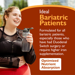 A promotional graphic for a bariatric supplement, featuring a smiling woman in athletic wear holding a water bottle on the left, with large orange and white text on the right reading 'Ideal Bariatric Patients' and supporting copy about optimized nutrient absorption.