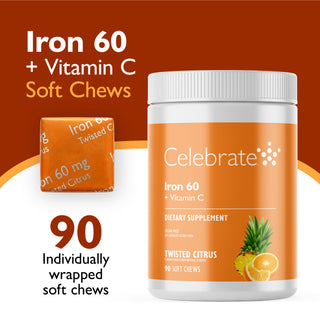 Celebrate Iron 60 + Vitamin C Soft Chews dietary supplement container in Twisted Citrus flavor, shown alongside an individually wrapped soft chew on a warm orange and brown background with text indicating 90 soft chews.