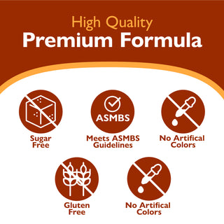 Promotional graphic for a premium formula with the text 'High Quality Premium Formula' on a brown background, and five circular icons below on a white background stating 'Sugar Free', 'Meets ASMBS Guidelines', 'No Artificial Colors', 'Gluten Free', and 'No Artificial Colors'.